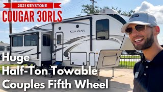 Huge HalfTon Towable Couples Fifth Wheel  2021 Keystone Cougar 30RLS [upl. by Wehtta513]