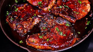 One Pan Honey Garlic Pork Chops Recipe [upl. by Ecreip]