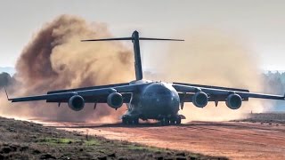 C17 Dirt Airstrip Landing amp Takeoff Unloads AH64 [upl. by Penhall]