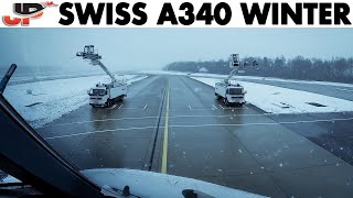 Piloting SWISS Airbus A340 in Winter  DeIcing  Cockpit Views [upl. by Allimak]