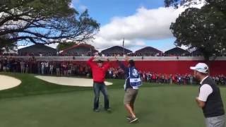 US Fan Challenged by Rory McIlroy Henrik Stenson Justin Rose and Andy Sullivan  2016 Ryder Cup [upl. by Anaujd]